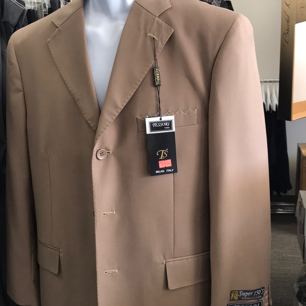 Tan suit size 38S coat, pants 32 Waist